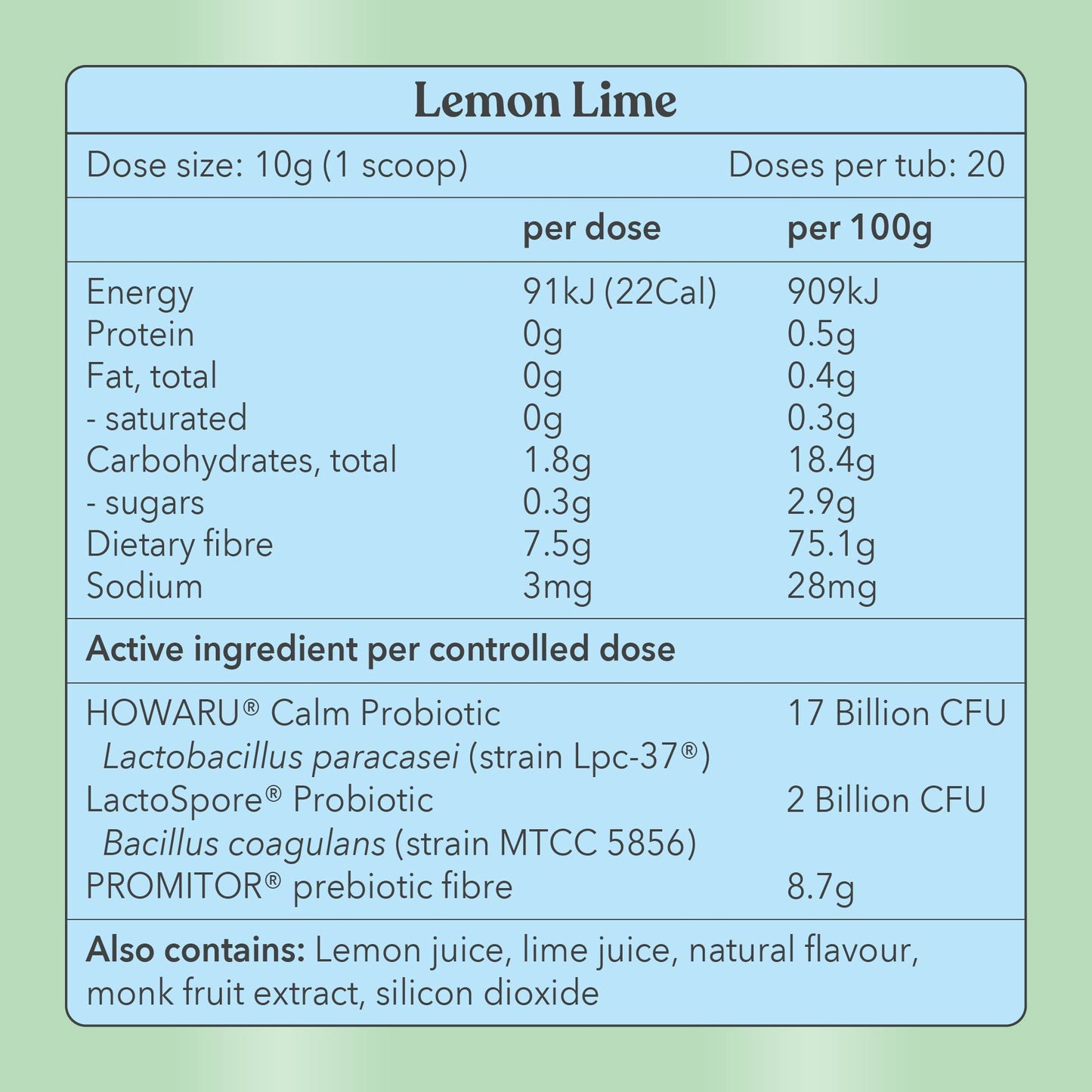 Lemon Lime - Pre + Probiotic Blend - For gut, stress, mood - Moodi - Nutrition information